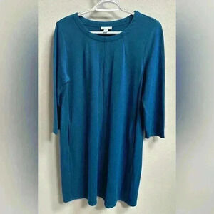 J.Jill Ponte Knit Shift Dress Deep Blue Petite Small Crew Neck Pockets Cozy Chic
